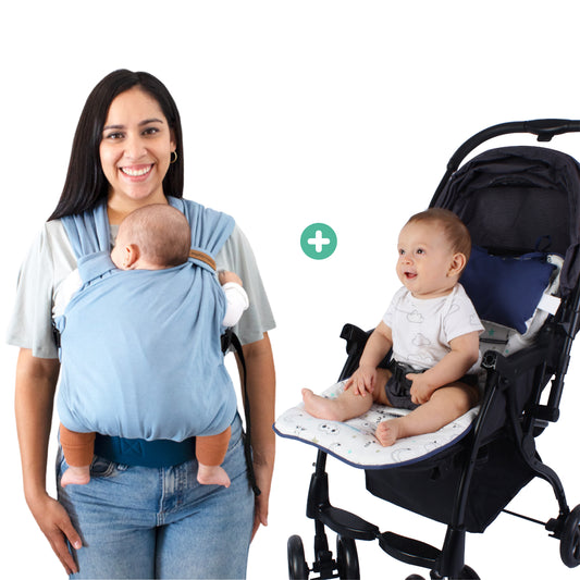 PACK PAPÁ SUPER HÉROE - Mochila Fular azul apego + Colchoneta para coche azul nubes