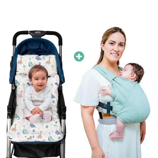 PACK PAPÁ SUPER HÉROE - Mochila Fular verde apego + Colchoneta para coche plomo dinosaurio