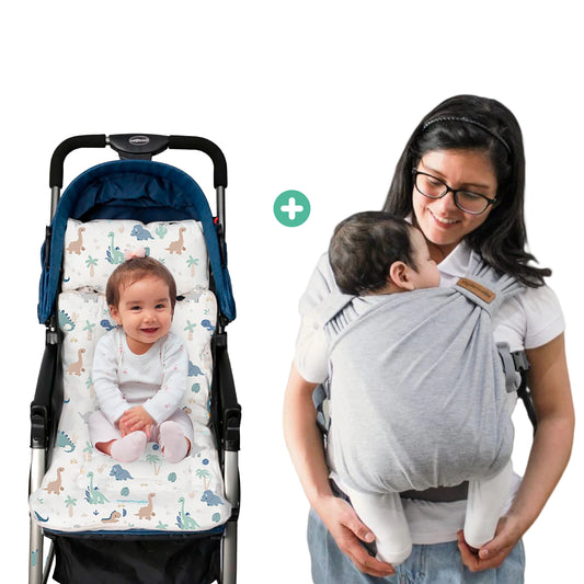 PACK PAPÁ SUPER HÉROE - Mochila Fular melangue apego + Colchoneta para coche plomo dinosaurio