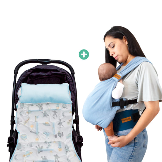 PACK PAPÁ SUPER HÉROE - Mochila Fular azul apego + Colchoneta para coche celeste espacial