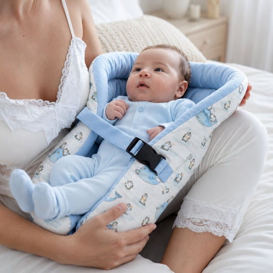 Cojín Ergonómico 3 en 1 para Bebé Maternelle Celeste pinguino, Ideal para los Primeros Meses