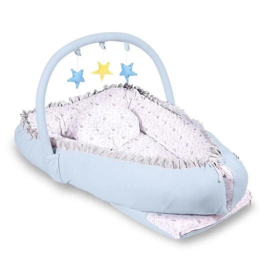 Cuna colecho grande 2 en 1 maternelle celeste, con arco para estimulación