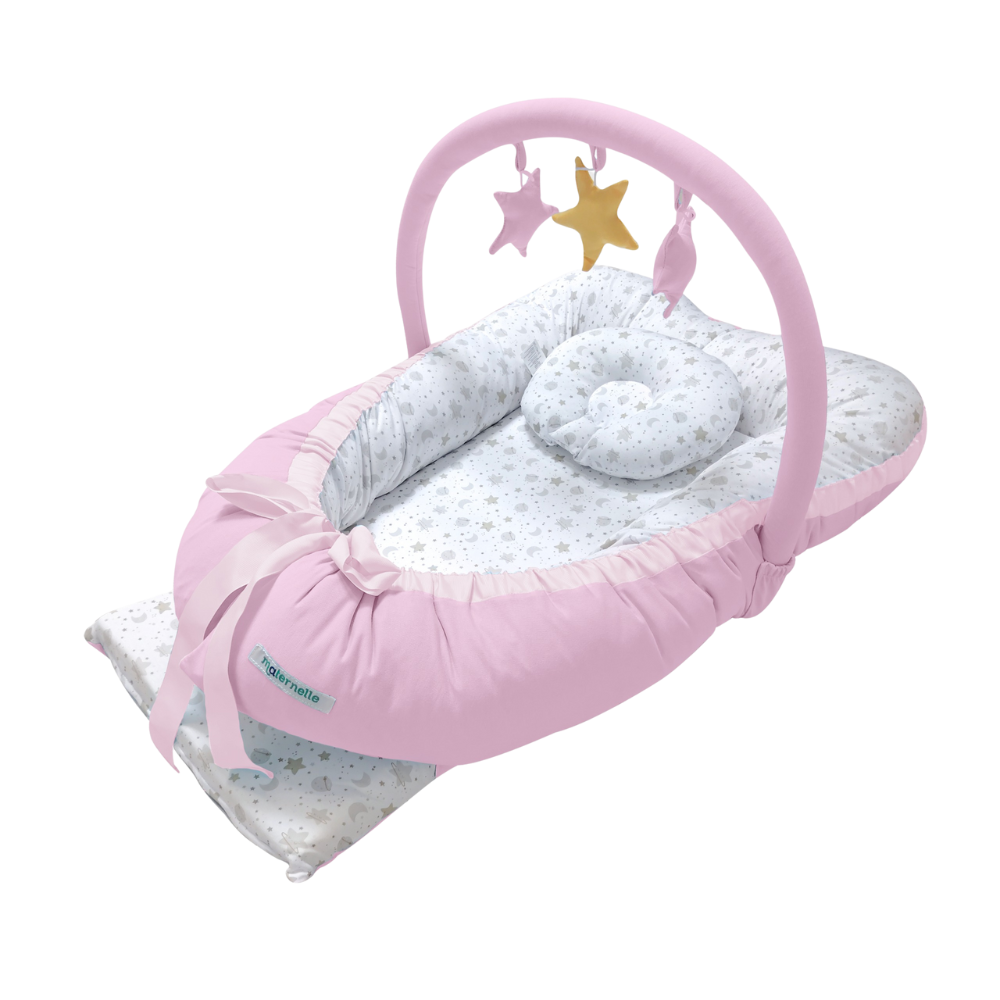 Cuna colecho grande 2 en 1 maternelle rosado Luna Estrellas, con arco para estimulación