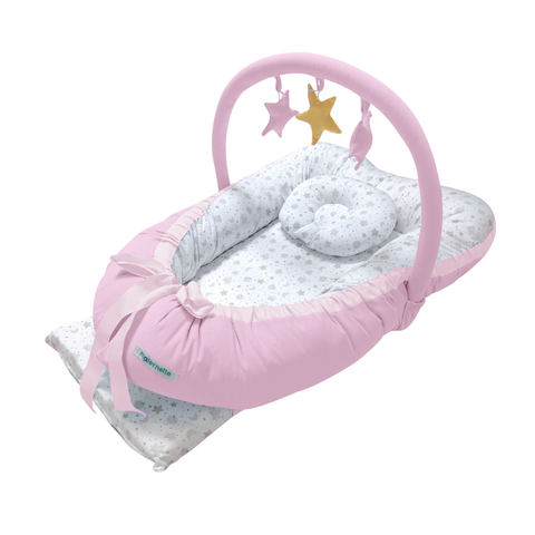 Cuna colecho grande 2 en 1 maternelle rosado Luna Estrellas, con arco para estimulación