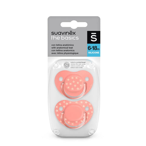 Chupón con tetina anatómica 6-18 m x 2 unidades The Basics Rosado - Suavinex - Maternelle