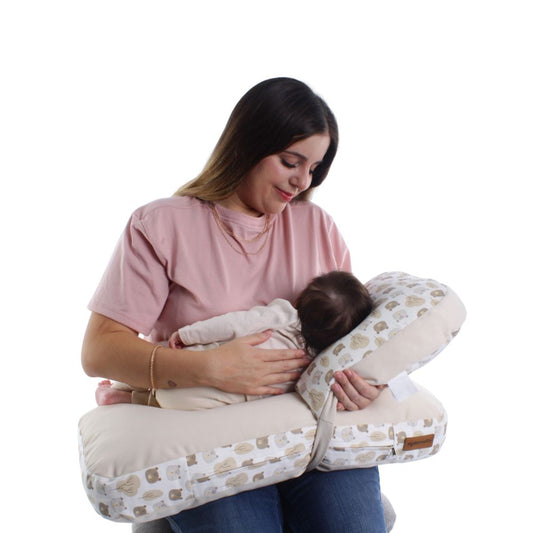 Doble Almohada de Lactancia Multifuncional Maternelle - Modelo Beige Osito - Soporte Durante la Lactancia y Estimulación