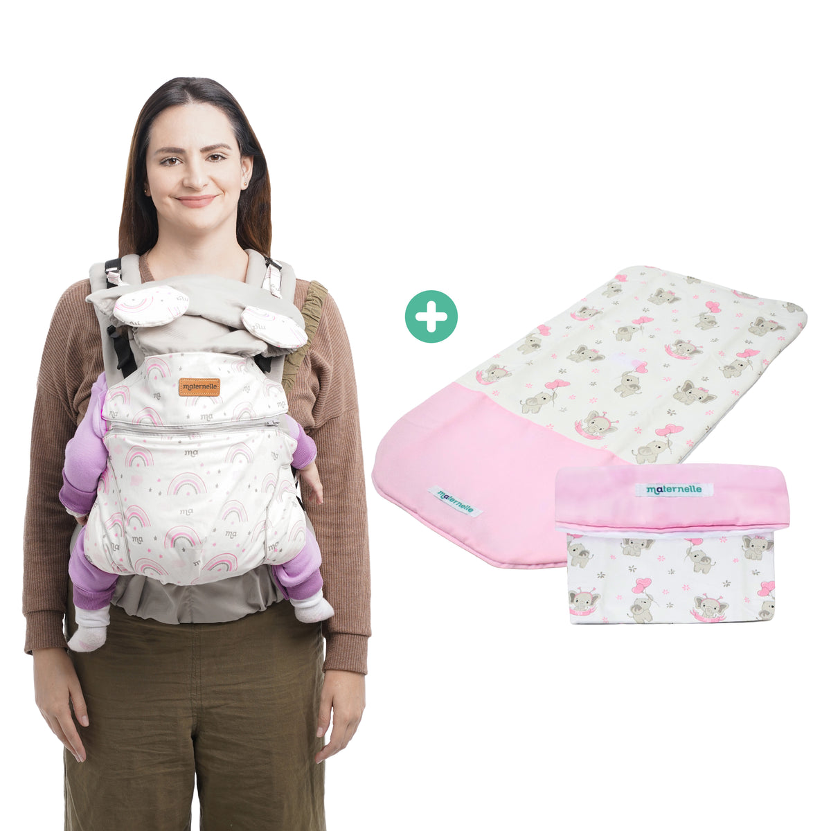 PACK AVENTURERO - Mochila evolutiva 4 en 1 arcoiris + Cambiador portátil rosado elefante