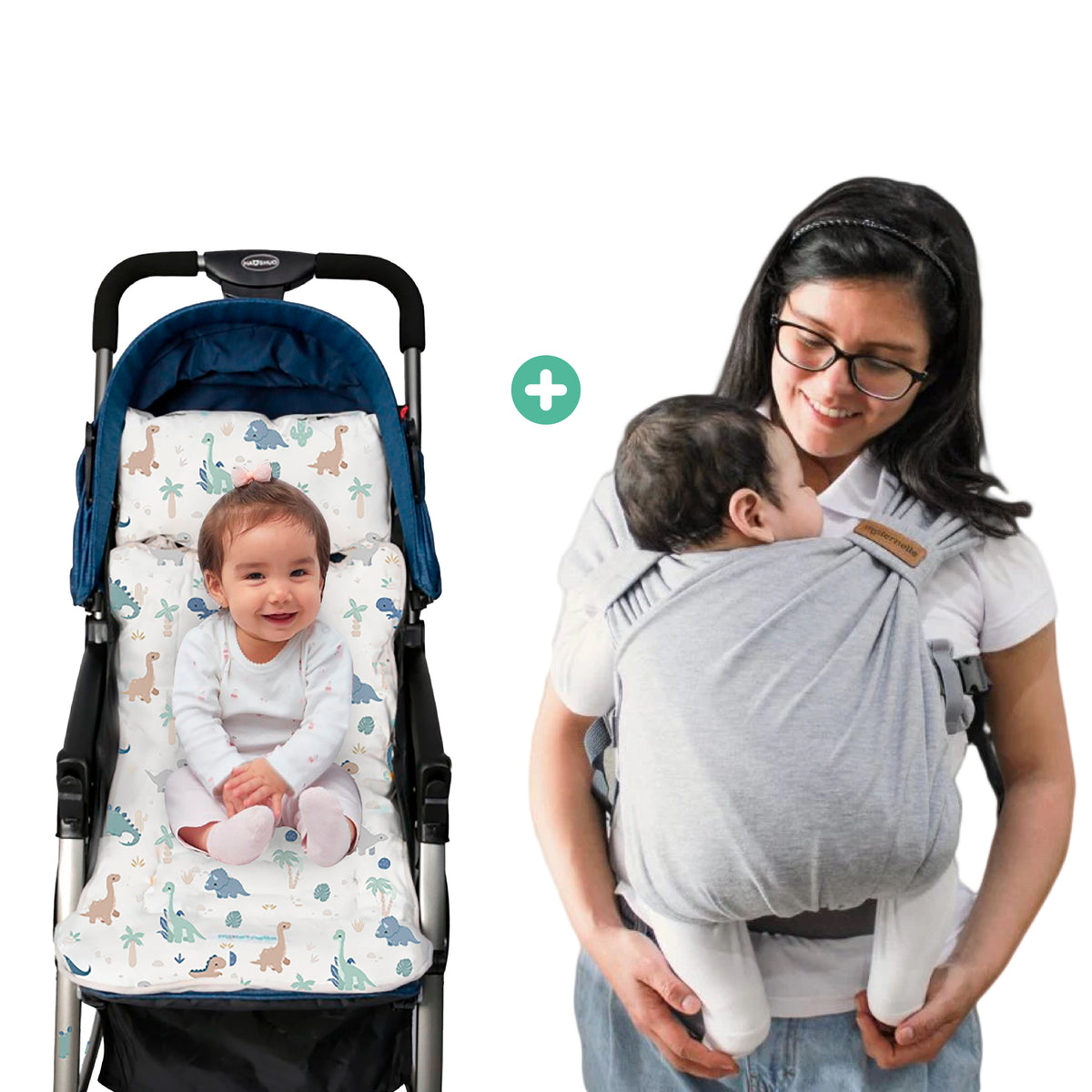 PACK DE PASEO - Mochila Fular melangue apego + Colchoneta para coche plomo dinosaurio