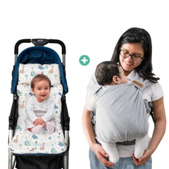 PACK DE PASEO - Mochila Fular melangue apego + Colchoneta para coche plomo dinosaurio