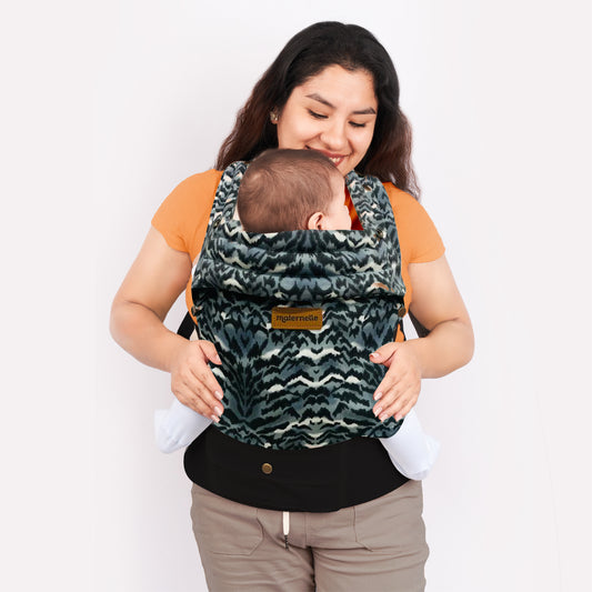 Mochila ergonómica premium maternelle azul print, fresco y resistente, soporte cervical, canguro, portabebé